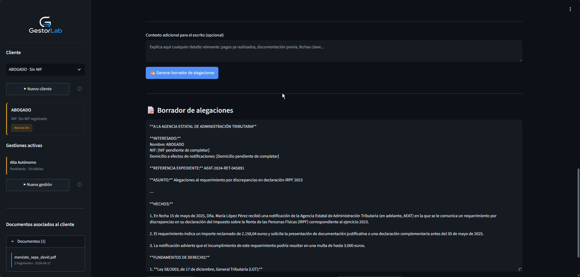 Borrador de escrito de alegaciones generado
